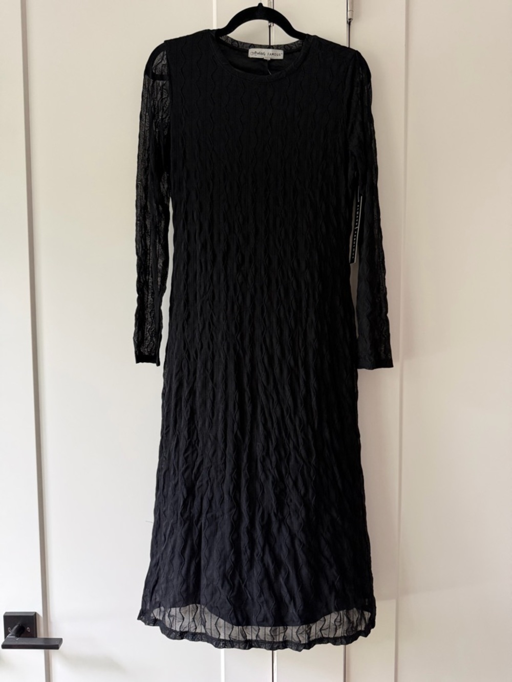 Black Long Sleeve Textured Mesh Midi Dress